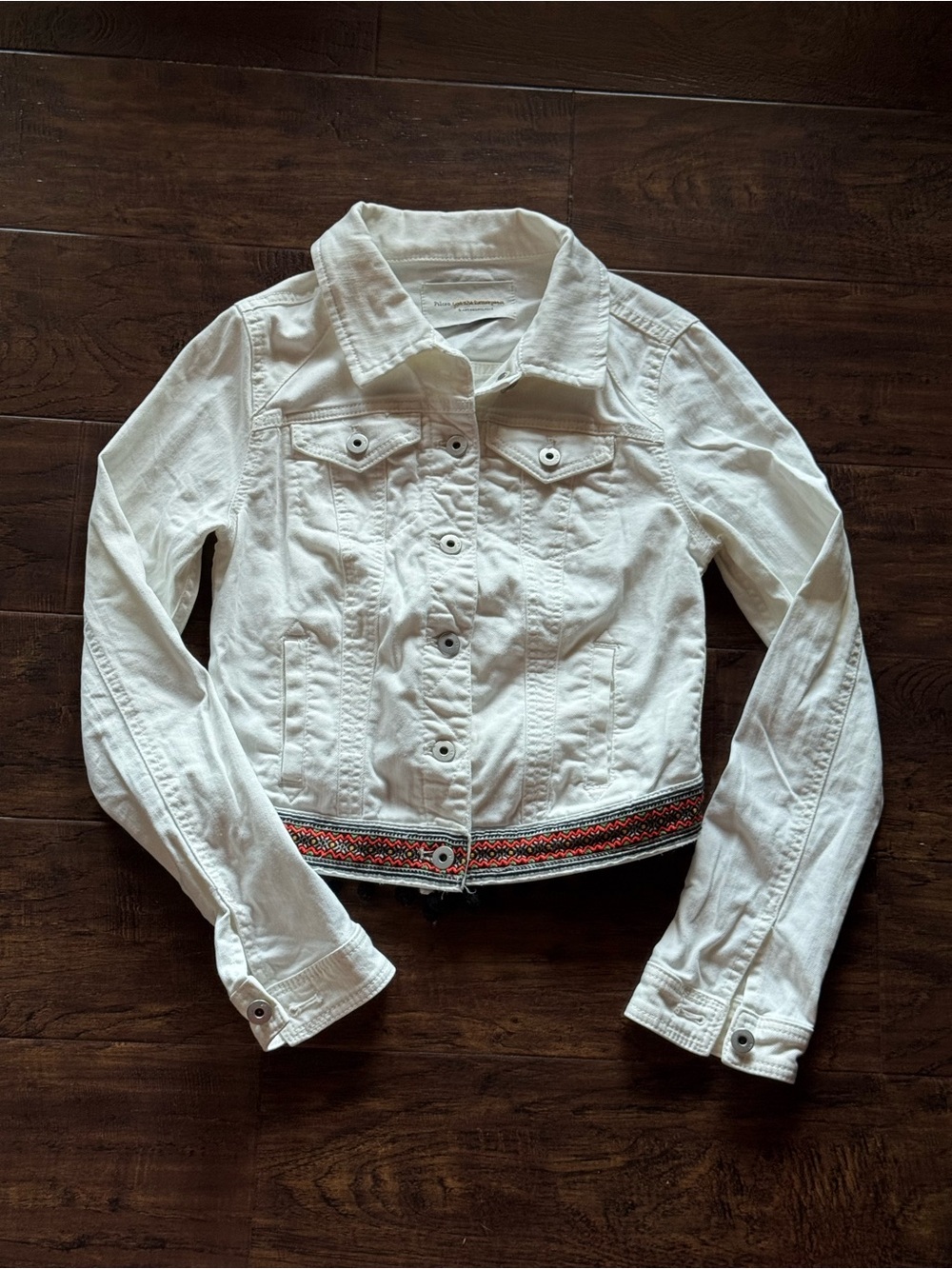 Pilcro By Anthroplogie White Tasseled Pom Pom Denim Jean Jacket Size XS